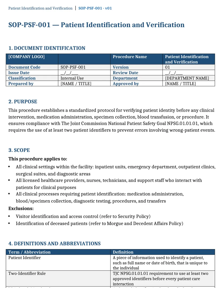 Real excerpt from the file SOP-PSF-001-Patient-Identification-Verification (Word)