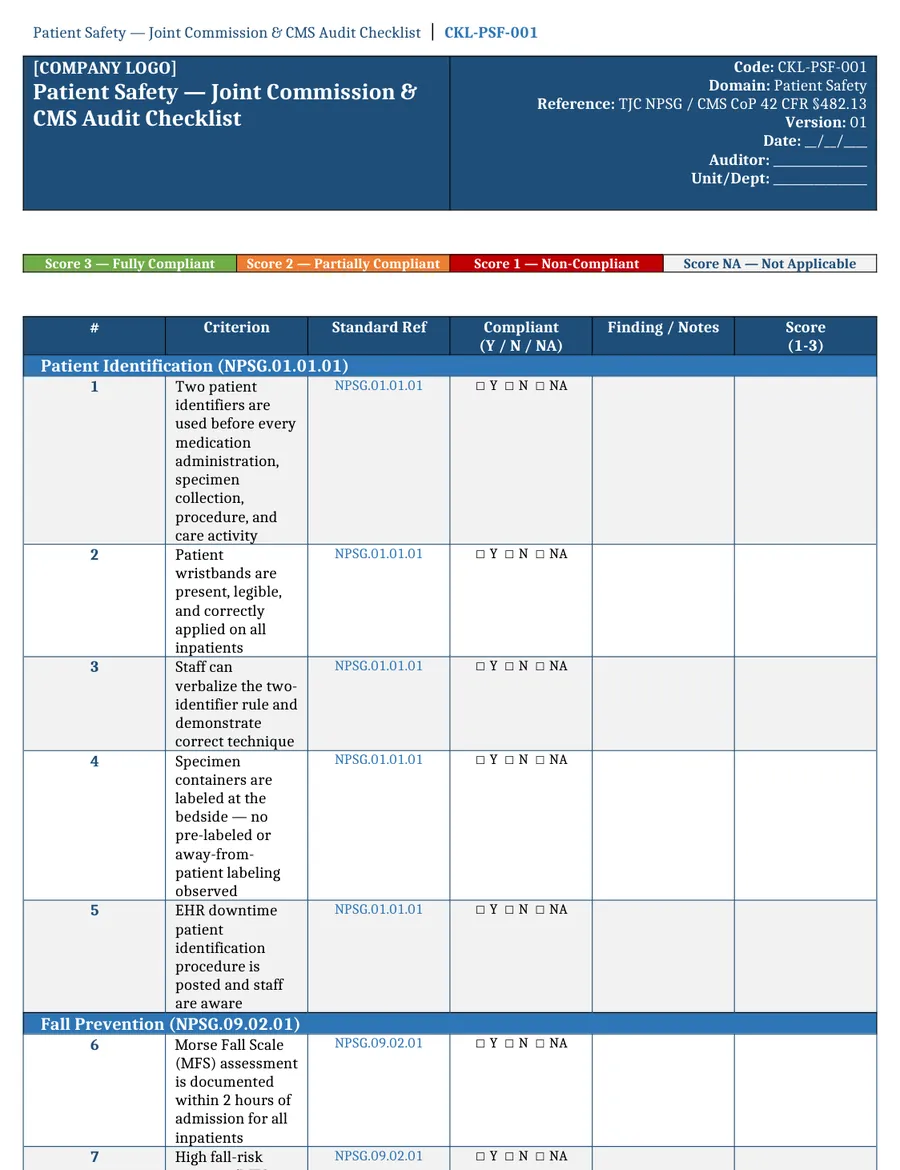 Real excerpt from the file CKL-PSF-001-Patient-Safety-Audit-Checklist (Word)